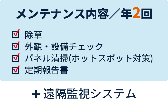 メンテナンス内容／年2回 除草 外観・設備チェック パネル清掃(ホットスポット対策) 定期報告書 ＋遠隔監視システム