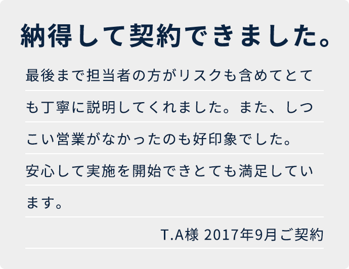 納得して契約できました。 最後まで担当者の方がリスクも含めてとても丁寧に説明してくれました。また、しつこい営業がなかったのも好印象でした。 安心して実施を開始できとても満足しています。 T.A様 2017年9月ご契約